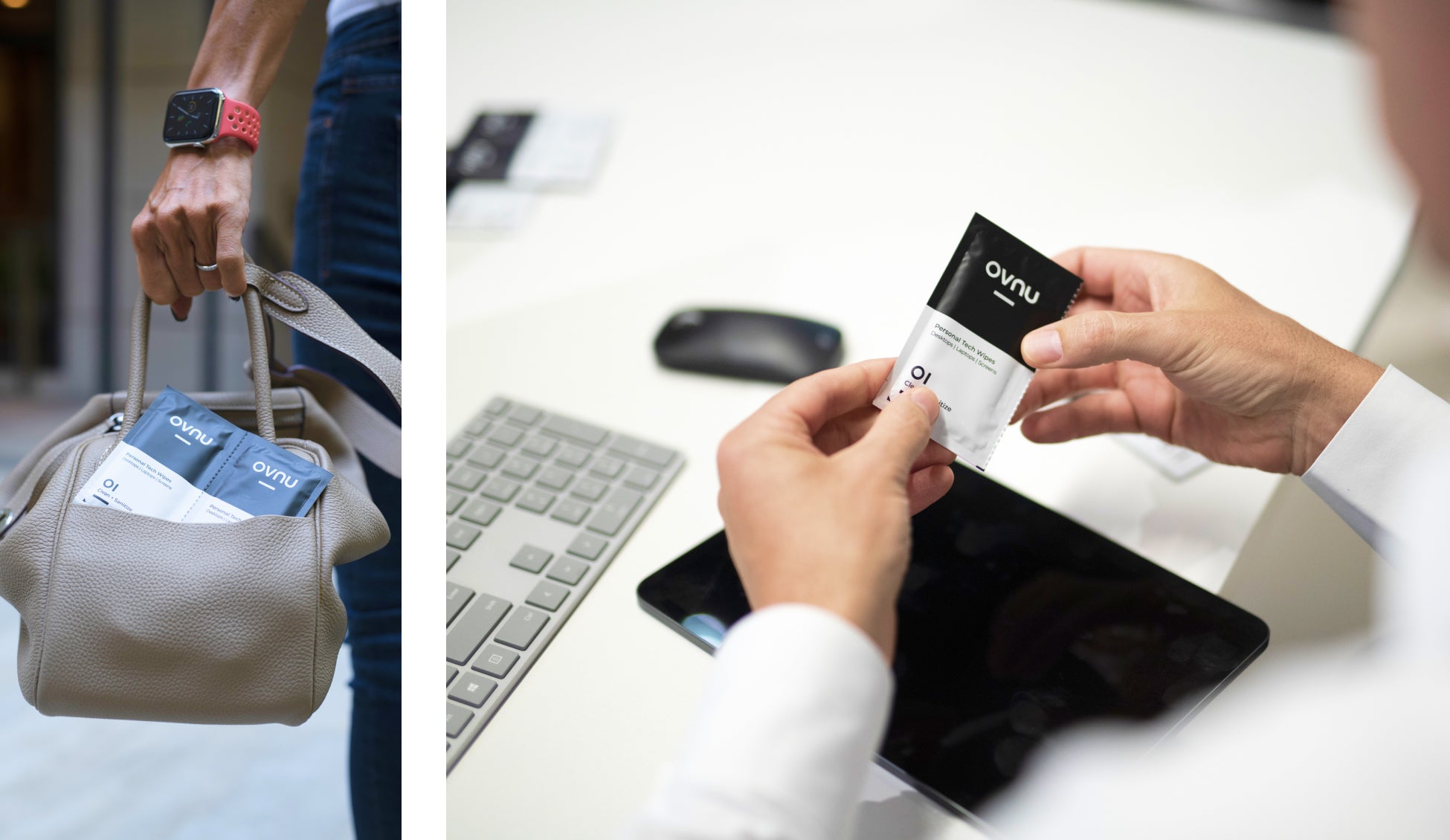 Person holding a bag containing OVNU Personal Tech Wipes