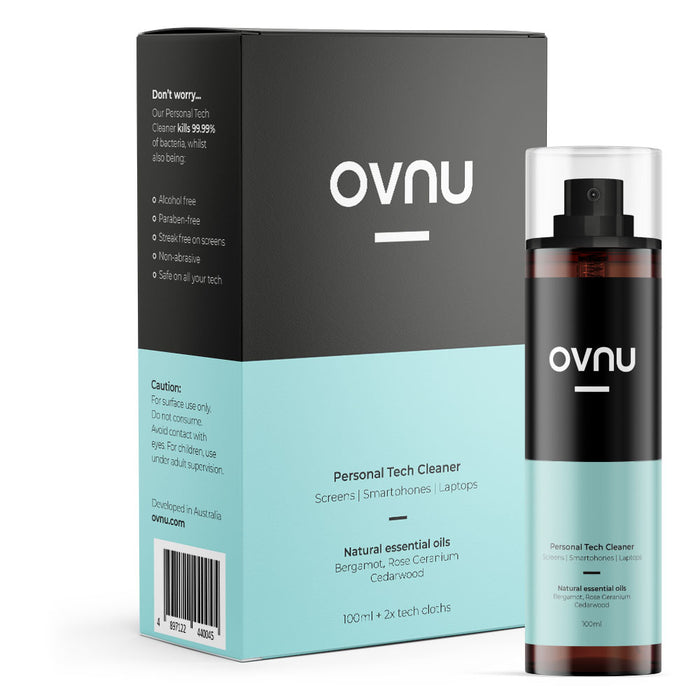 OVNU Personal Tech Cleaner 100ml | Bergamot, Rose Geranium & Cedarwood | 2 Reusable Cloth